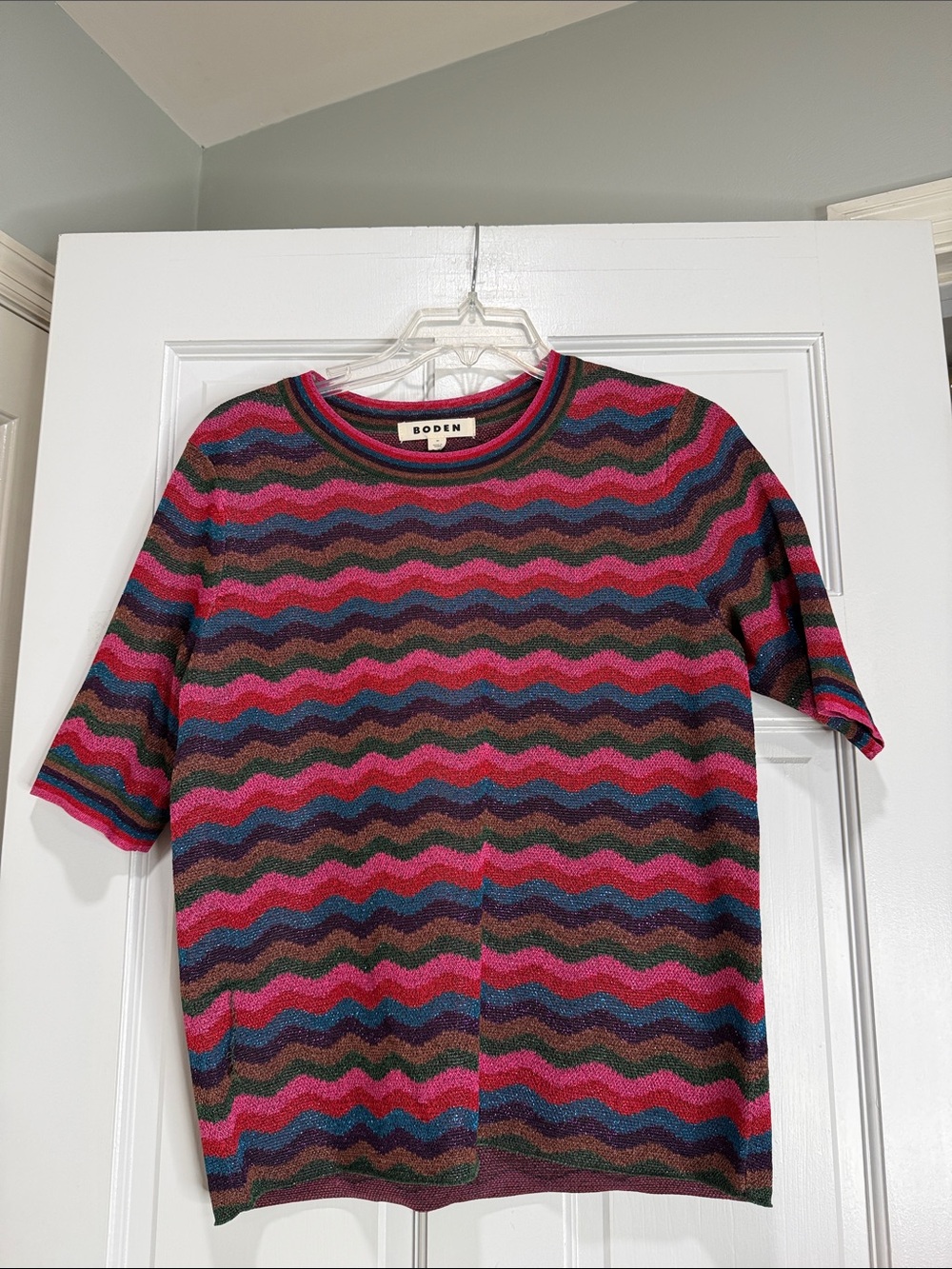 Boden Sparkle Wave-Stripe Crewneck Sweater — Pink, Blue, Green, Brown